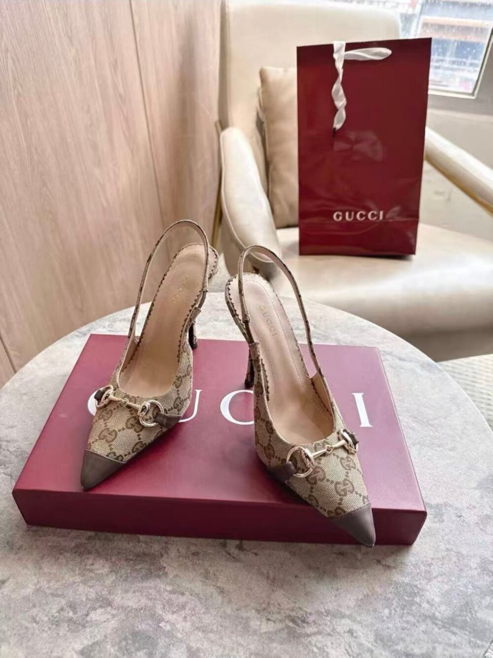 Gucci Women’s GG Monogram Canvas Slingback Pumps Horsebit Detail